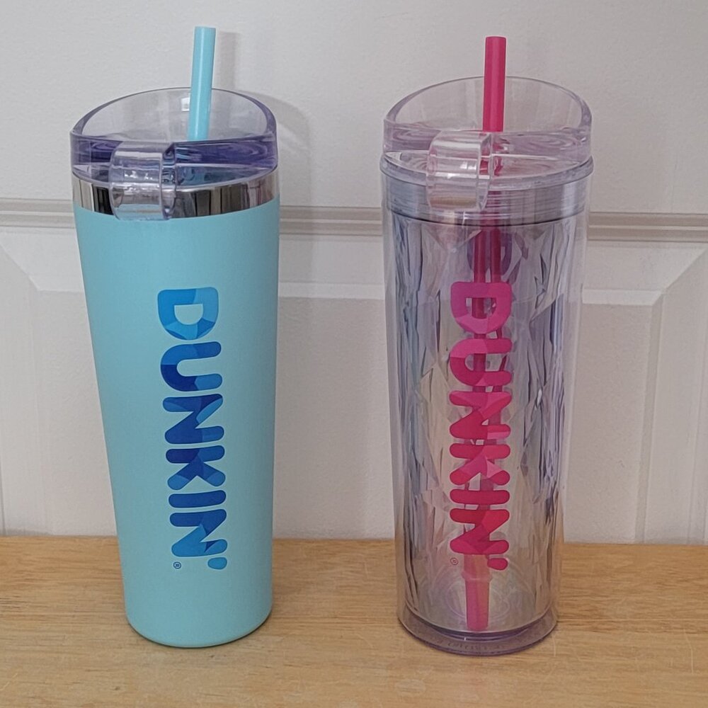 2 Rare Dunkin' 2025 24oz. Tumblers. Pink Chiseled Ice & Blue Soft Touch. - Picture 4 of 7